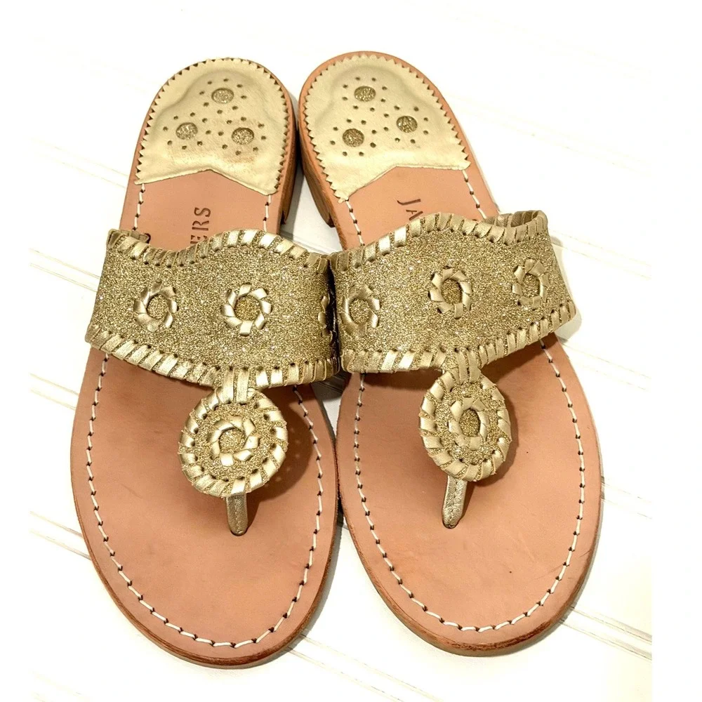 Jack Rogers Jacks Flat Sandal Gold Glitter Leather Thong Sandals Womens 9M